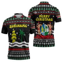 Suriname Christmas Zipper Polo Shirt with Black Festive Pattern, Golden Ship, Palm Tree, and Coat of Arms Motif - Wonder Print Shop