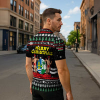 Suriname Christmas Zipper Polo Shirt with Black Festive Pattern, Golden Ship, Palm Tree, and Coat of Arms Motif - Wonder Print Shop