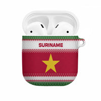 Suriname Christmas AirPods Case with Red-Green Knit Pattern, Yellow Star, and Santa Leopard Motif - Wonder Print Shop