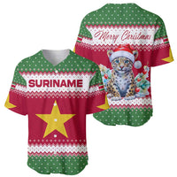 Suriname Christmas Baseball Jersey with Red-Green Knit Pattern, Yellow Star, and Santa Leopard Motif - Wonder Print Shop