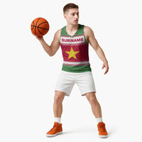Suriname Christmas Basketball Jersey with Red-Green Knit Pattern, Yellow Star, and Santa Leopard Motif - Wonder Print Shop