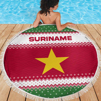 Suriname Christmas Beach Blanket with Red-Green Knit Pattern, Yellow Star, and Santa Leopard Motif - Wonder Print Shop