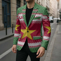 Suriname Christmas Blazer with Red-Green Knit Pattern, Yellow Star, and Santa Leopard Motif - Wonder Print Shop