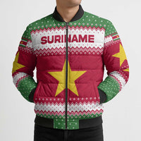 Suriname Christmas Bomber Puffer Jacket with Red-Green Knit Pattern, Yellow Star, and Santa Leopard Motif - Wonder Print Shop
