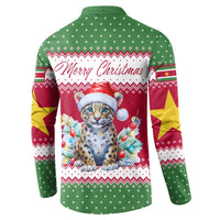Suriname Christmas Button Sweatshirt with Red-Green Knit Pattern, Yellow Star, and Santa Leopard Motif - Wonder Print Shop