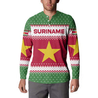 Suriname Christmas Button Sweatshirt with Red-Green Knit Pattern, Yellow Star, and Santa Leopard Motif - Wonder Print Shop