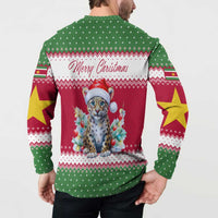 Suriname Christmas Button Sweatshirt with Red-Green Knit Pattern, Yellow Star, and Santa Leopard Motif - Wonder Print Shop