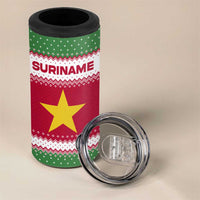 Suriname Christmas 4 in 1 Can Cooler Tumbler with Red-Green Knit Pattern, Yellow Star, and Santa Leopard Motif - Wonder Print Shop
