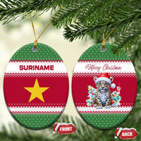 Suriname Christmas Ceramic Ornament with Red-Green Knit Pattern, Yellow Star, and Santa Leopard Motif - Wonder Print Shop