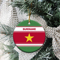Suriname Christmas Ceramic Ornament with Red-Green Knit Pattern, Yellow Star, and Santa Leopard Motif - Wonder Print Shop