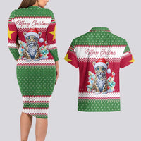 Suriname Christmas Couples Matching Long Sleeve Bodycon Dress and Hawaiian Shirt with Red-Green Knit Pattern, Yellow Star, and Santa Leopard Motif - Wonder Print Shop