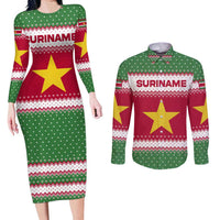 Suriname Christmas Couples Matching Long Sleeve Bodycon Dress and Long Sleeve Button Shirt with Red-Green Knit Pattern, Yellow Star, and Santa Leopard Motif - Wonder Print Shop