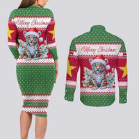 Suriname Christmas Couples Matching Long Sleeve Bodycon Dress and Long Sleeve Button Shirt with Red-Green Knit Pattern, Yellow Star, and Santa Leopard Motif - Wonder Print Shop
