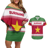 Suriname Christmas Couples Matching Off Shoulder Short Dress and Hawaiian Shirt with Red-Green Knit Pattern, Yellow Star, and Santa Leopard Motif - Wonder Print Shop