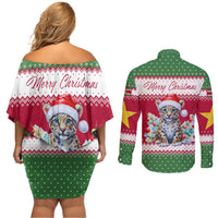 Suriname Christmas Couples Matching Off Shoulder Short Dress and Long Sleeve Button Shirt with Red-Green Knit Pattern, Yellow Star, and Santa Leopard Motif - Wonder Print Shop