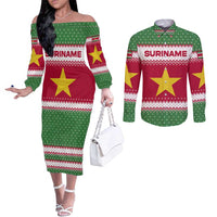 Suriname Christmas Couples Matching Off The Shoulder Long Sleeve Dress and Long Sleeve Button Shirt with Red-Green Knit Pattern, Yellow Star, and Santa Leopard Motif - Wonder Print Shop