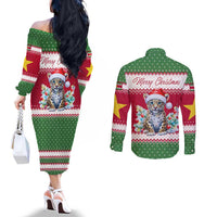 Suriname Christmas Couples Matching Off The Shoulder Long Sleeve Dress and Long Sleeve Button Shirt with Red-Green Knit Pattern, Yellow Star, and Santa Leopard Motif - Wonder Print Shop