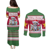 Suriname Christmas Couples Matching Puletasi and Long Sleeve Button Shirt with Red-Green Knit Pattern, Yellow Star, and Santa Leopard Motif - Wonder Print Shop