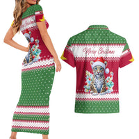 Suriname Christmas Couples Matching Short Sleeve Bodycon Dress and Hawaiian Shirt with Red-Green Knit Pattern, Yellow Star, and Santa Leopard Motif - Wonder Print Shop