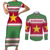 Suriname Christmas Couples Matching Short Sleeve Bodycon Dress and Long Sleeve Button Shirt with Red-Green Knit Pattern, Yellow Star, and Santa Leopard Motif - Wonder Print Shop