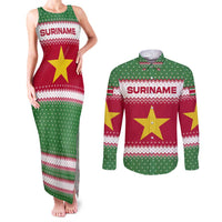 Suriname Christmas Couples Matching Tank Maxi Dress and Long Sleeve Button Shirt with Red-Green Knit Pattern, Yellow Star, and Santa Leopard Motif - Wonder Print Shop