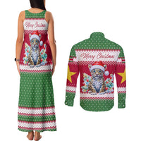 Suriname Christmas Couples Matching Tank Maxi Dress and Long Sleeve Button Shirt with Red-Green Knit Pattern, Yellow Star, and Santa Leopard Motif - Wonder Print Shop