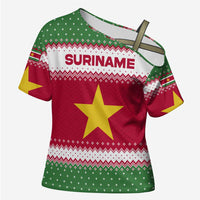 Suriname Christmas Cross Shoulder Shirt with Red-Green Knit Pattern, Yellow Star, and Santa Leopard Motif - Wonder Print Shop