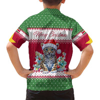Suriname Christmas Family Matching Long Sleeve Bodycon Dress and Hawaiian Shirt with Red-Green Knit Pattern, Yellow Star, and Santa Leopard Motif - Wonder Print Shop