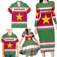 Suriname Christmas Family Matching Long Sleeve Bodycon Dress and Hawaiian Shirt with Red-Green Knit Pattern, Yellow Star, and Santa Leopard Motif - Wonder Print Shop