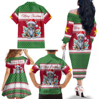 Suriname Christmas Family Matching Off The Shoulder Long Sleeve Dress and Hawaiian Shirt with Red-Green Knit Pattern, Yellow Star, and Santa Leopard Motif - Wonder Print Shop