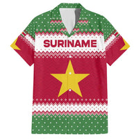 Suriname Christmas Family Matching Off Shoulder Maxi Dress and Hawaiian Shirt with Red-Green Knit Pattern, Yellow Star, and Santa Leopard Motif - Wonder Print Shop