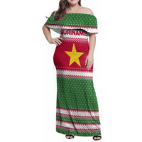 Suriname Christmas Family Matching Off Shoulder Maxi Dress and Hawaiian Shirt with Red-Green Knit Pattern, Yellow Star, and Santa Leopard Motif - Wonder Print Shop