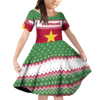 Suriname Christmas Family Matching Off Shoulder Short Dress and Hawaiian Shirt with Red-Green Knit Pattern, Yellow Star, and Santa Leopard Motif - Wonder Print Shop