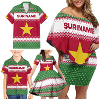 Suriname Christmas Family Matching Off Shoulder Short Dress and Hawaiian Shirt with Red-Green Knit Pattern, Yellow Star, and Santa Leopard Motif - Wonder Print Shop