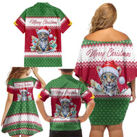 Suriname Christmas Family Matching Off Shoulder Short Dress and Hawaiian Shirt with Red-Green Knit Pattern, Yellow Star, and Santa Leopard Motif - Wonder Print Shop