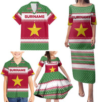 Suriname Christmas Family Matching Puletasi and Hawaiian Shirt with Red-Green Knit Pattern, Yellow Star, and Santa Leopard Motif - Wonder Print Shop