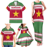 Suriname Christmas Family Matching Tank Maxi Dress and Hawaiian Shirt with Red-Green Knit Pattern, Yellow Star, and Santa Leopard Motif - Wonder Print Shop