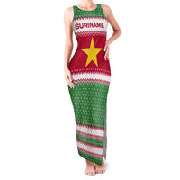 Suriname Christmas Family Matching Tank Maxi Dress and Hawaiian Shirt with Red-Green Knit Pattern, Yellow Star, and Santa Leopard Motif - Wonder Print Shop