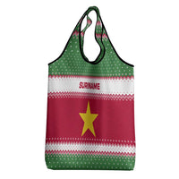 Suriname Christmas Grocery Bag with Red-Green Knit Pattern, Yellow Star, and Santa Leopard Motif - Wonder Print Shop