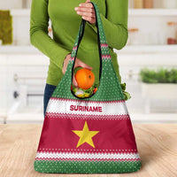 Suriname Christmas Grocery Bag with Red-Green Knit Pattern, Yellow Star, and Santa Leopard Motif - Wonder Print Shop