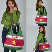 Suriname Christmas Grocery Bag with Red-Green Knit Pattern, Yellow Star, and Santa Leopard Motif - Wonder Print Shop