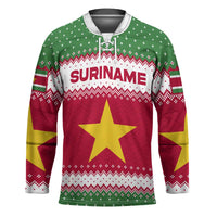 Suriname Christmas Hockey Jersey with Red-Green Knit Pattern, Yellow Star, and Santa Leopard Motif - Wonder Print Shop