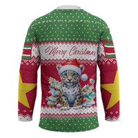 Suriname Christmas Hockey Jersey with Red-Green Knit Pattern, Yellow Star, and Santa Leopard Motif - Wonder Print Shop