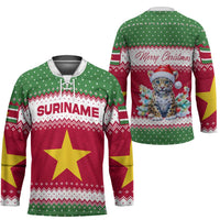 Suriname Christmas Hockey Jersey with Red-Green Knit Pattern, Yellow Star, and Santa Leopard Motif - Wonder Print Shop