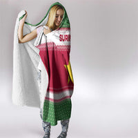 Suriname Christmas Hooded Blanket with Red-Green Knit Pattern, Yellow Star, and Santa Leopard Motif - Wonder Print Shop