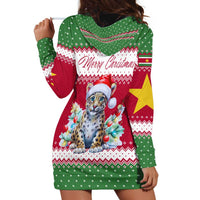 Suriname Christmas Hoodie Dress with Red-Green Knit Pattern, Yellow Star, and Santa Leopard Motif - Wonder Print Shop