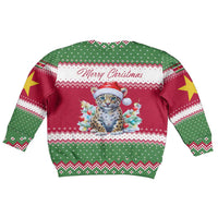 Suriname Christmas Kid Ugly Christmas Sweater with Red-Green Knit Pattern, Yellow Star, and Santa Leopard Motif - Wonder Print Shop