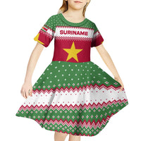 Suriname Christmas Kid Short Sleeve Dress with Red-Green Knit Pattern, Yellow Star, and Santa Leopard Motif - Wonder Print Shop