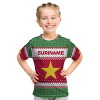 Suriname Christmas Kid T Shirt with Red-Green Knit Pattern, Yellow Star, and Santa Leopard Motif - Wonder Print Shop