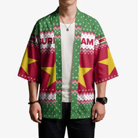 Suriname Christmas Kimono with Red-Green Knit Pattern, Yellow Star, and Santa Leopard Motif - Wonder Print Shop